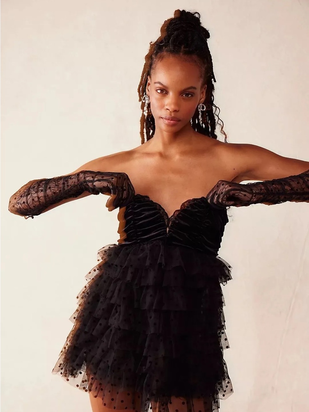 For Love & Lemons Jourdan Mini Dress Strapless Black Ruffled Tulle MSRP $265